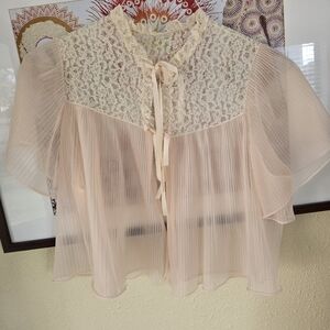Vintage Barbizon Ariel pink chiffon lace bed jacket w/pleating & 2 Tie Closure M